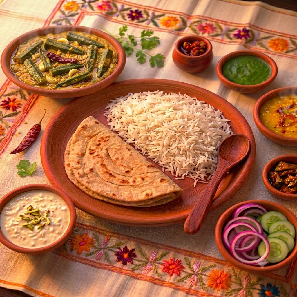 Pahuna Bhindi Masala Thali (sarso Gravy)